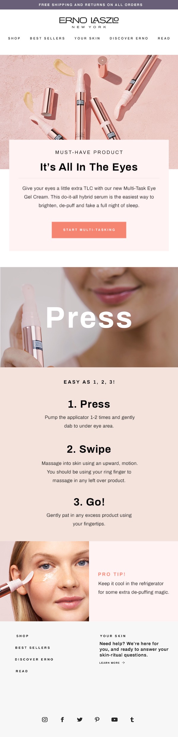 Erno Laszlo Multi-Task Eye Gel Cream how-to email with Press Swipe Go application steps and Pro Tip section