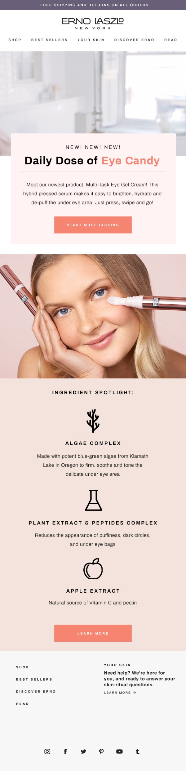 Erno Laszlo Multi-Task Eye Gel Cream launch email featuring Daily Dose of Eye Candy headline and ingredient spotlight