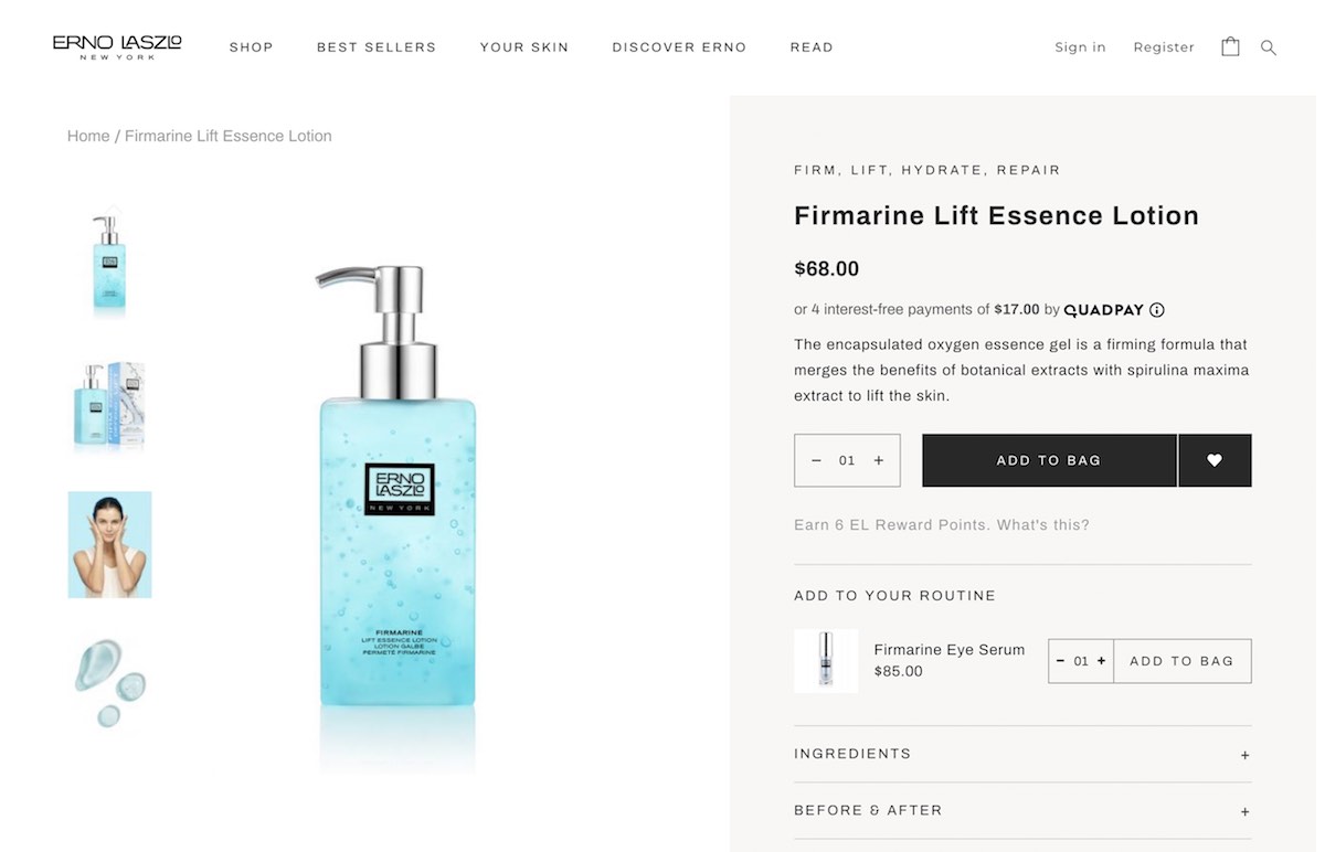 Erno Laszlo Firmarine Lift Essence Lotion product display page redesigned by The Charles Group