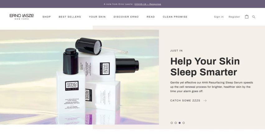Screenshot of the Erno Laszlo website homepage featuring the AHA Resurfacing Sleep Serum launch campaign