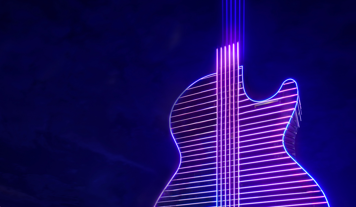 Hard Rock Hotels luxury suite with dramatic lighting and rock-and-roll decor, campaign by The Charles Group
