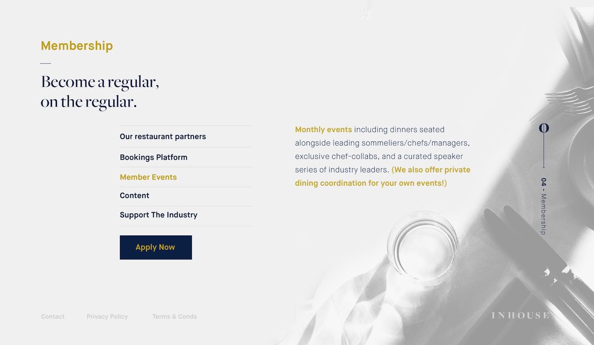 InHouse membership benefits page featuring member events and dining partnerships, designed by The Charles Group