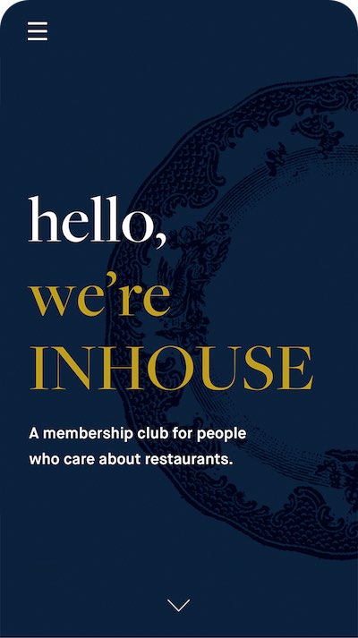 InHouse mobile homepage hero screen with navy and gold branding for a restaurant membership club
