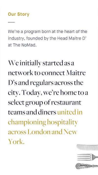 InHouse mobile Our Story screen highlighting the club's hospitality network across London and New York