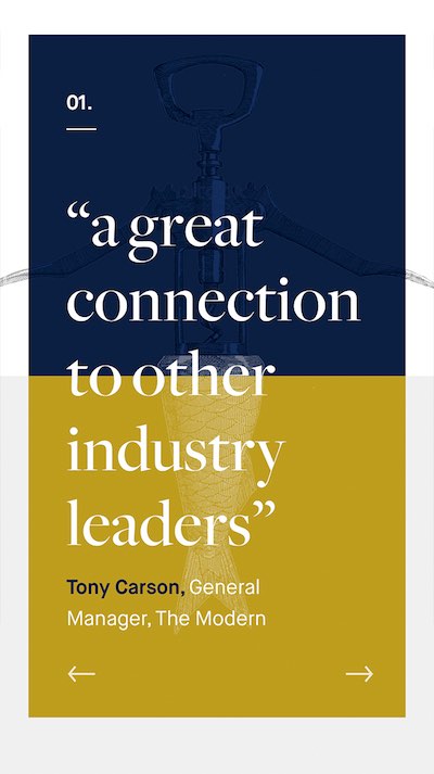 InHouse mobile member testimonial screen with gold and navy typography, designed by The Charles Group
