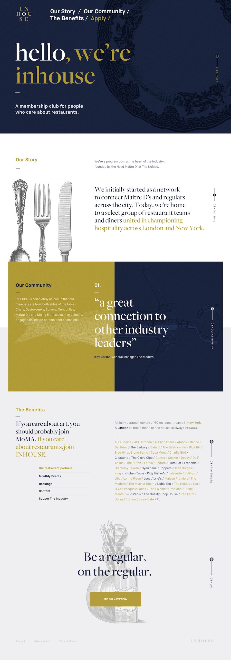 Full-page view of the InHouse website designed by The Charles Group, showcasing long-form scroll layout for a restaurant membership club