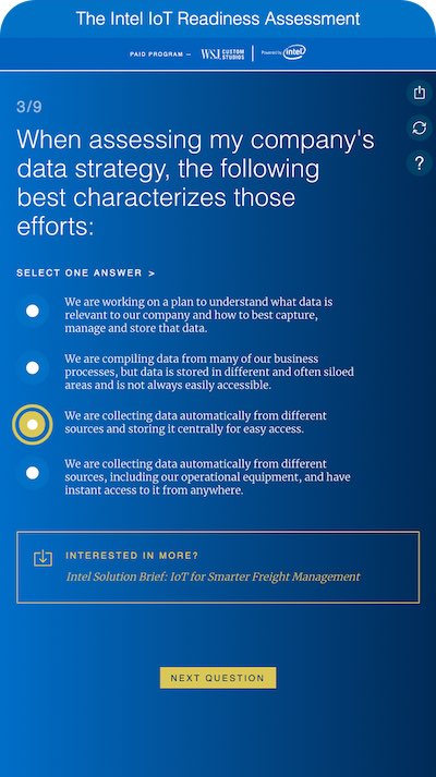 Intel IoT Readiness Assessment mobile question screen asking about company data strategy with four radio button answers