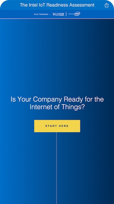 Intel IoT Readiness Assessment mobile homepage with Start Here CTA on a blue gradient background