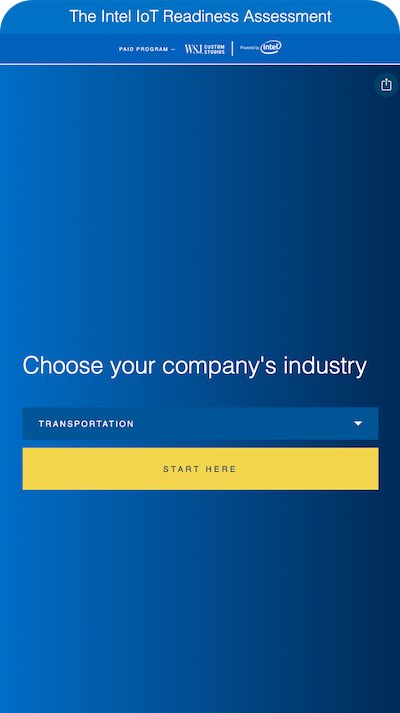 Intel IoT Readiness Assessment mobile industry selection step showing Transportation dropdown and Start Here button