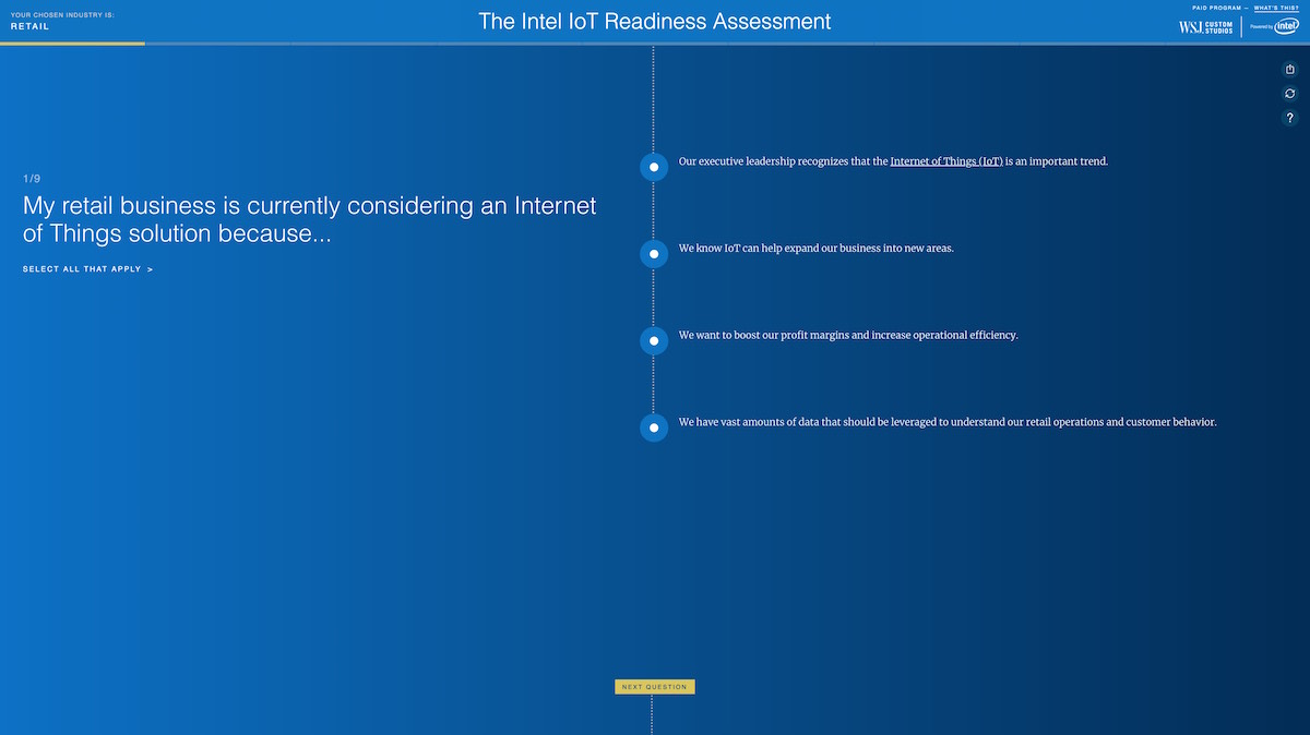 Intel IoT Readiness Assessment question screen for the retail industry with multiple choice IoT adoption answers