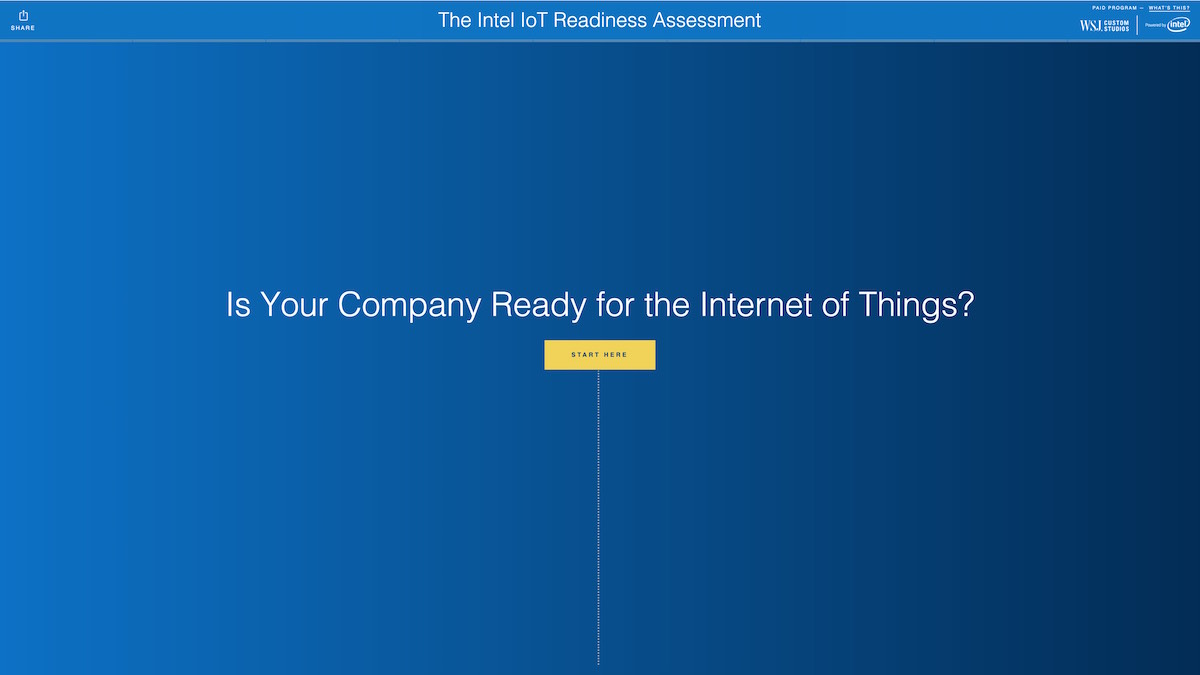 Intel IoT Readiness Assessment interactive homepage with Start Here CTA button on a deep blue gradient background