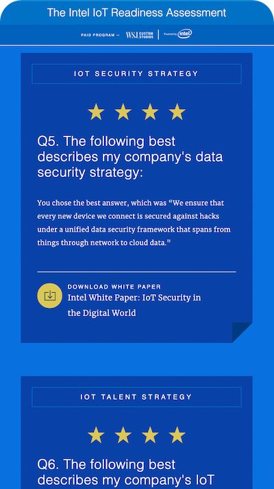 Intel IoT Readiness Assessment mobile results showing IoT security and talent strategy question feedback with star ratings