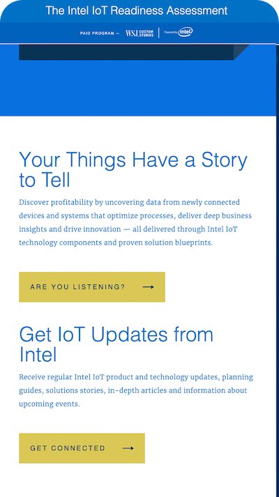 Intel IoT Readiness Assessment mobile post-results screen with calls to action for IoT updates and connected device insights