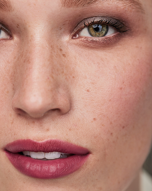 Close beauty portrait of model wearing Kjaer Weis Matte Lip in Visionary, photographed by The Charles Group
