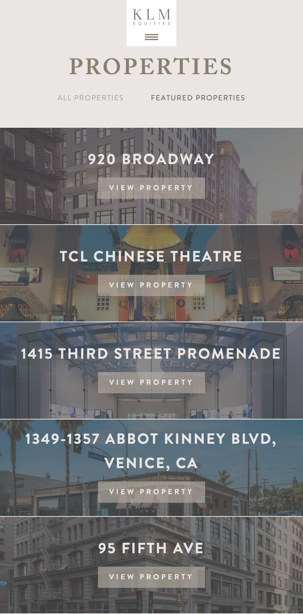 KLM Equities mobile website showing stacked property listings with responsive navigation