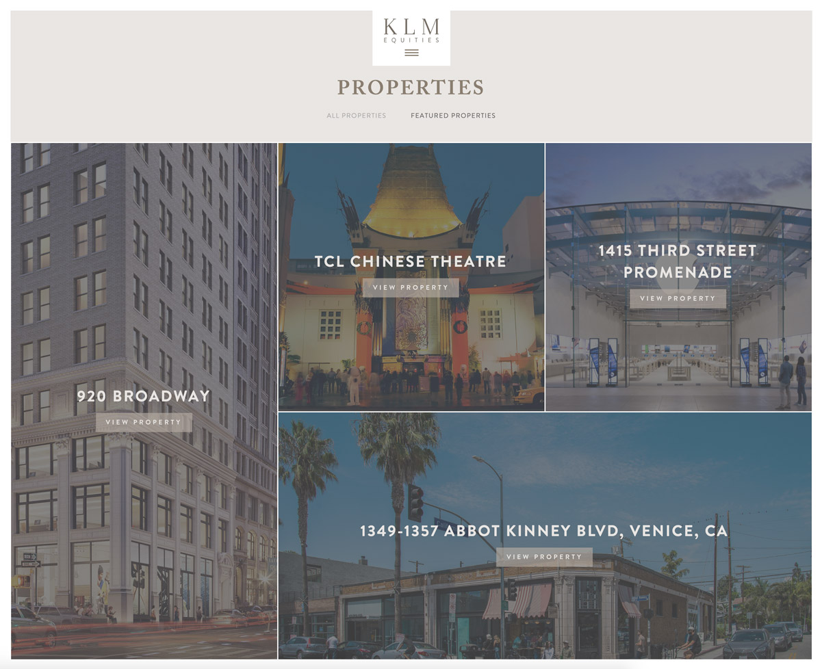KLM Equities properties page showing featured listings including TCL Chinese Theatre and Abbot Kinney Blvd