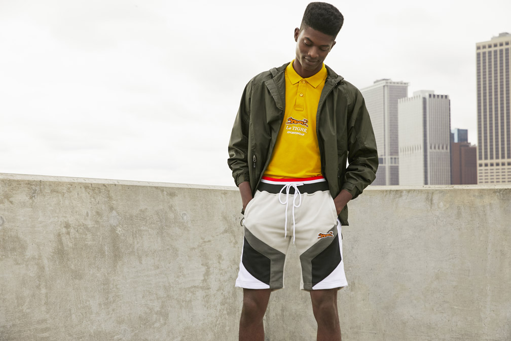Model in Le Tigre heritage apparel, three-quarter fashion portrait in brand relaunch campaign by The Charles Group