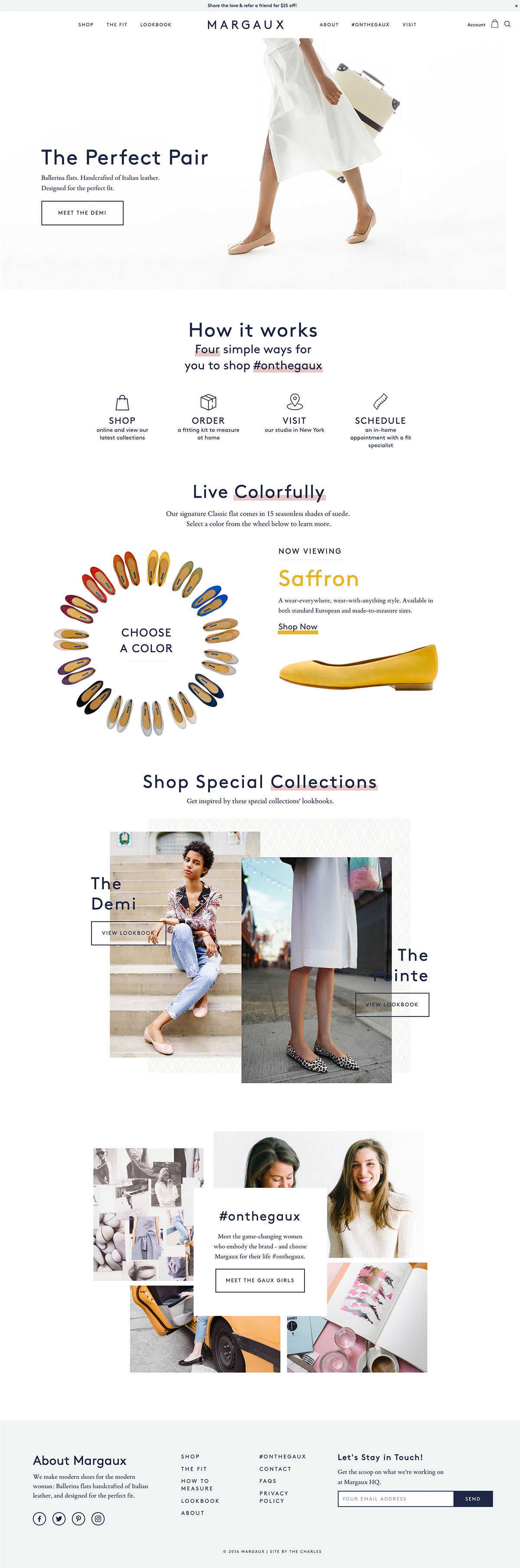 Desktop browser mockup of the Margaux e-commerce homepage, designed by The Charles Group — elegant minimal layout with nude flat shoes hero image