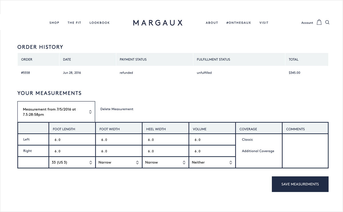 Margaux website's custom made-to-measure sizing interface designed by The Charles Group, showing fit selector and measurement input screen