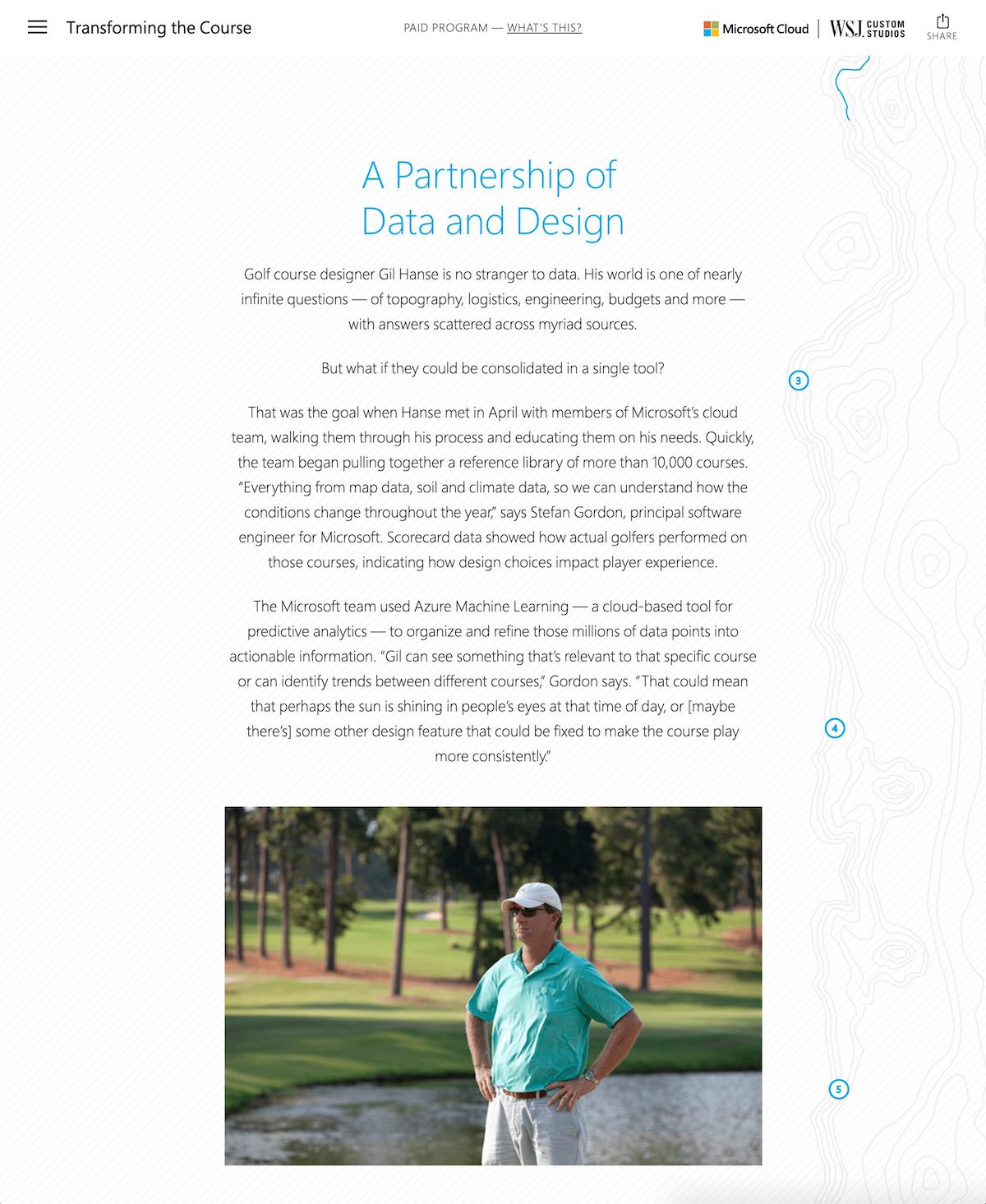 Microsoft Azure data and design partnership page featuring golf course designer Gil Hanse standing on a fairway