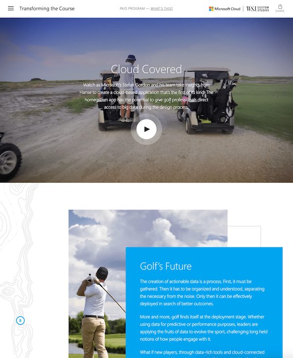 Cloud Covered video section showing Microsoft team on a golf course with golf carts and big data narrative