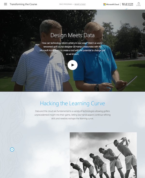 Design Meets Data video section showing Microsoft cloud team collaborating with golf course designer Gil Hanse
