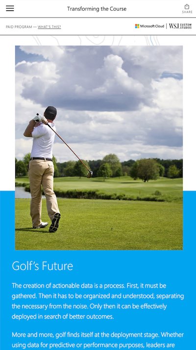 Mobile view of the Golf's Future editorial section with golfer photo and Microsoft cloud data narrative