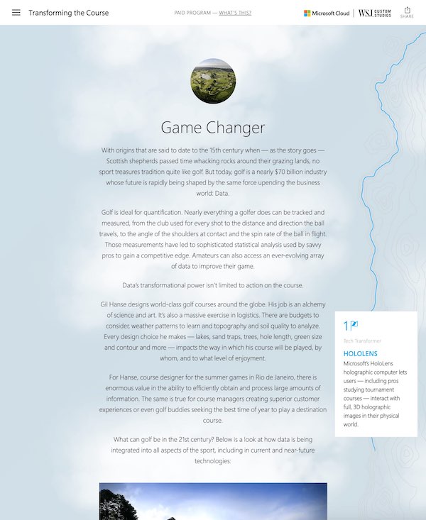 Game Changer editorial section of the Microsoft Transforming the Course site with topographic sidebar navigation