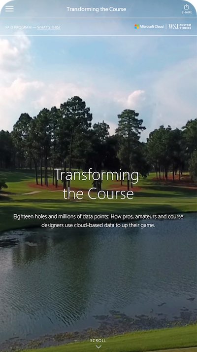 Mobile view of Microsoft Transforming the Course website homepage with aerial golf course and WSJ branding
