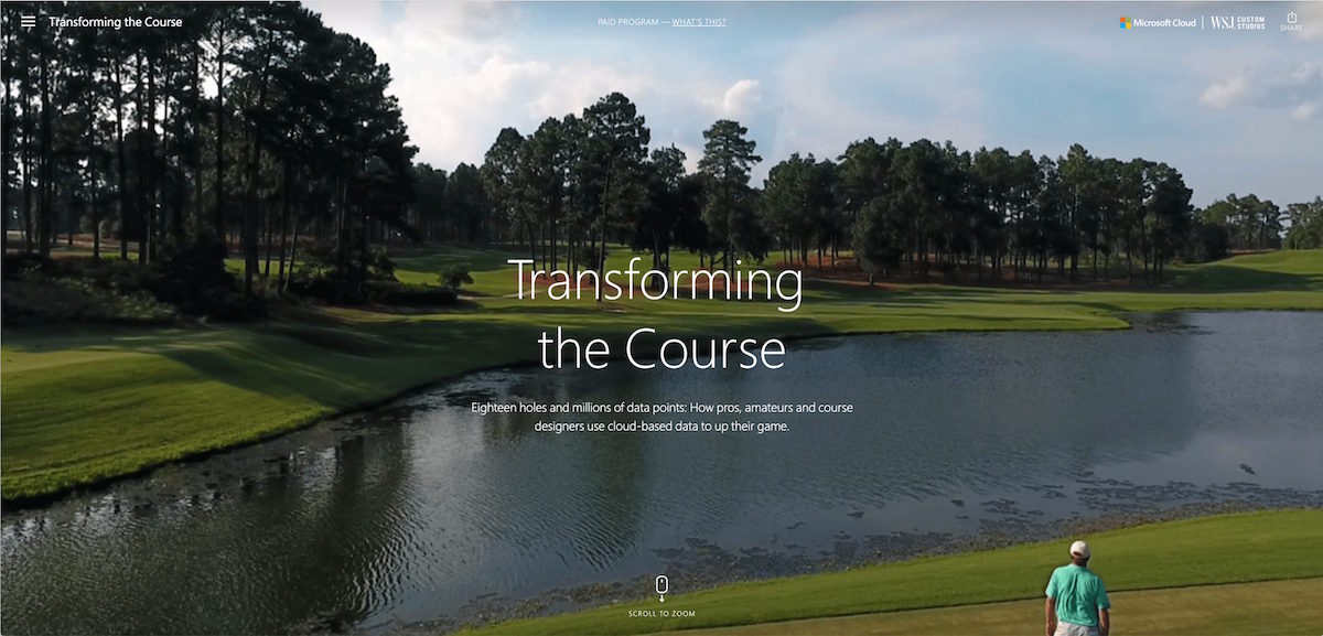 Microsoft Transforming the Course website homepage featuring aerial golf course imagery and WSJ Custom Studios branding