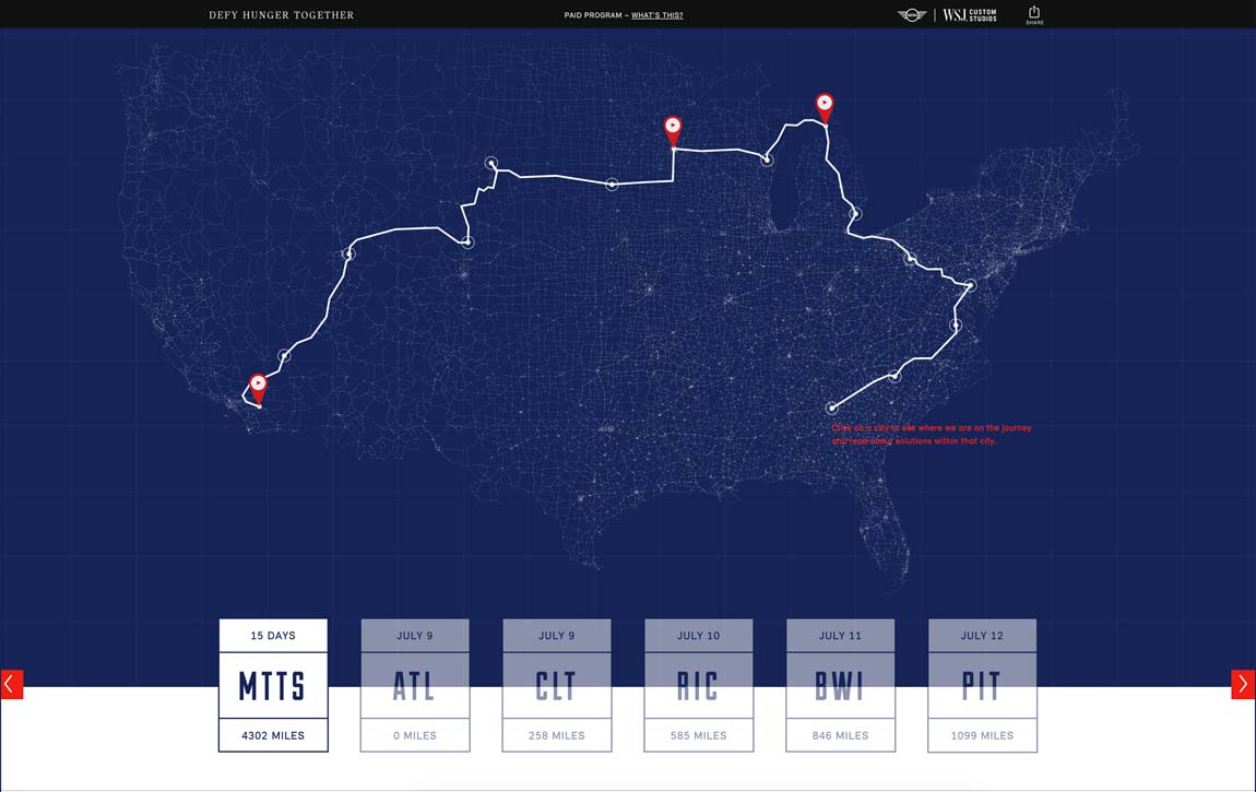 MINI Takes the States 2016 interactive cross-country route map built by The Charles Group using Mapbox and D3 for the Defy Hunger Together campaign