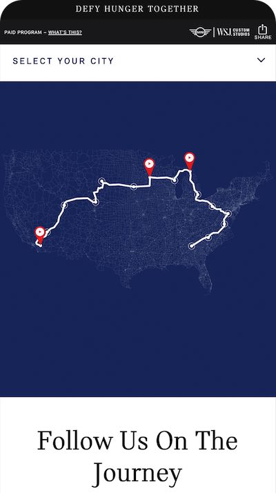 MINI Takes the States interactive route map mobile view built by The Charles Group, showing the 14-day cross-country Feeding America rally route