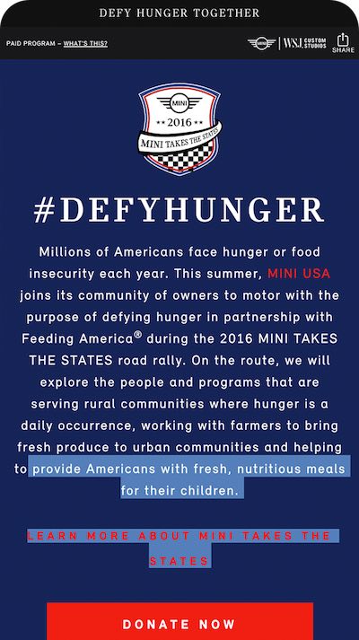 MINI USA Defy Hunger Together mobile mission screen designed by The Charles Group, featuring #DefyHunger messaging and Feeding America partnership call to action