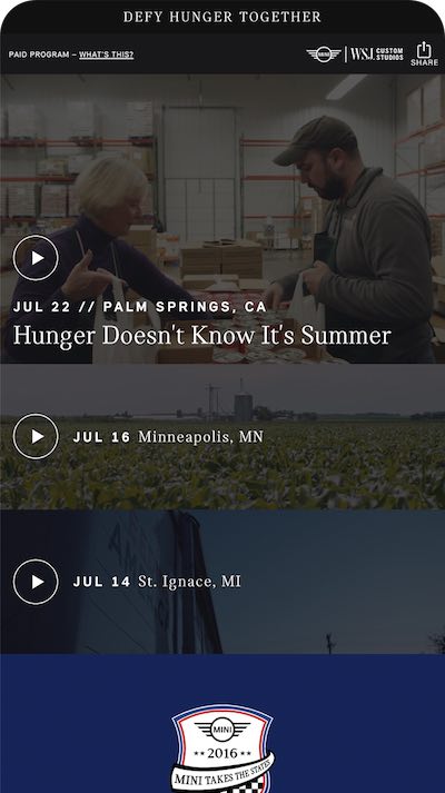 MINI USA Defy Hunger Together campaign mobile video feed designed by The Charles Group, showing city-by-city documentary content for the MTTS road rally