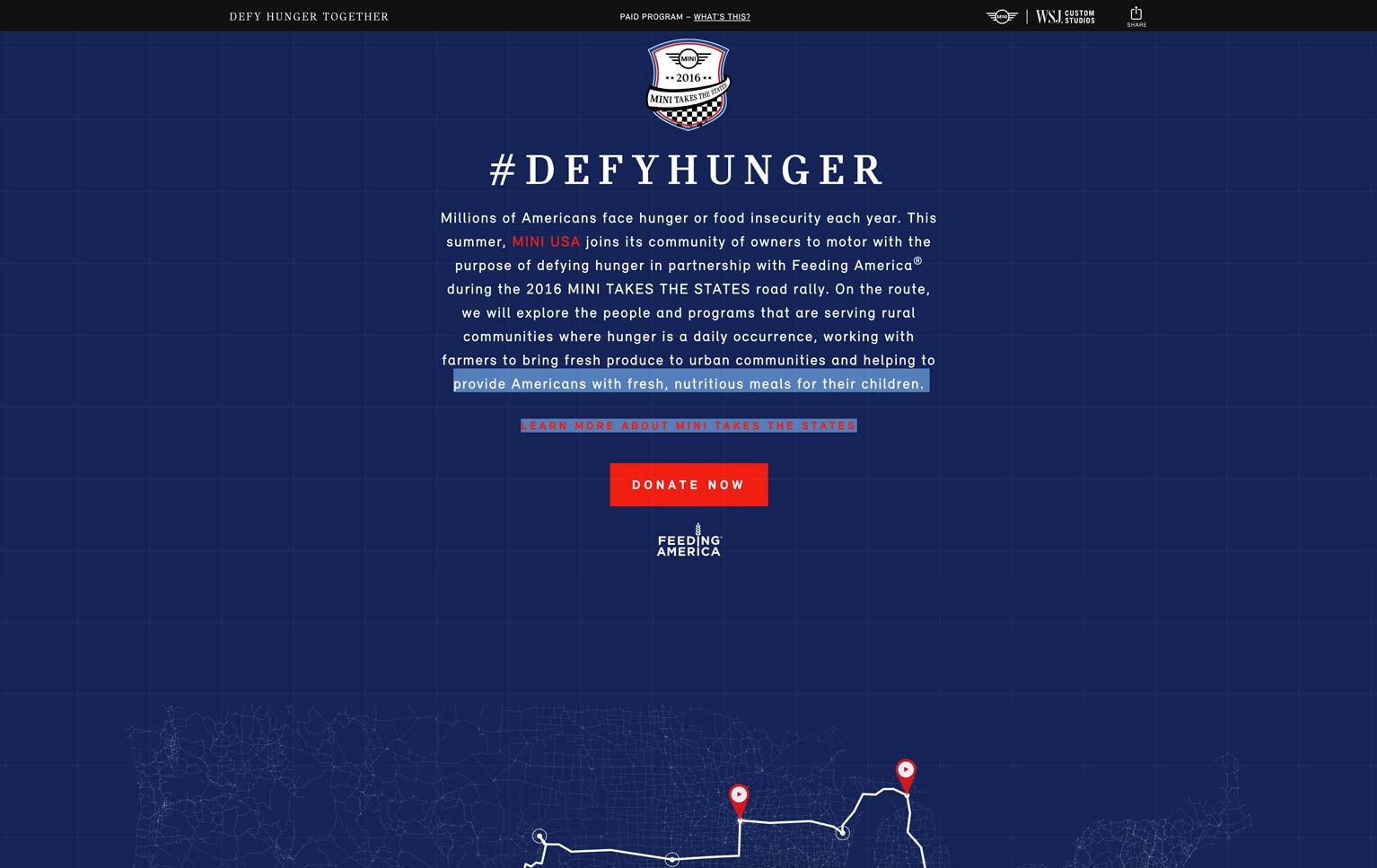 MINI USA Defy Hunger Together campaign mission page designed by The Charles Group, featuring MINI Takes the States 2016 badge and Feeding America partnership messaging