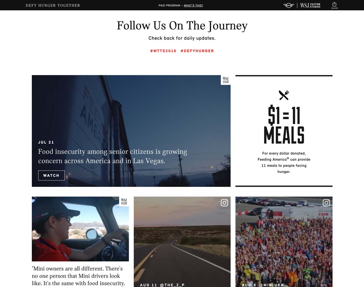 MINI USA Defy Hunger Together live social feed and Feeding America impact dashboard designed by The Charles Group, aggregating #MTTS2016 and #DefyHunger content