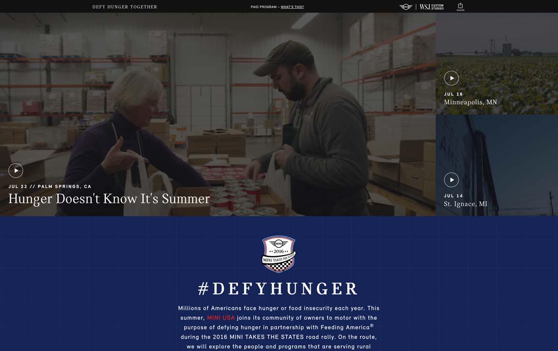 MINI USA Defy Hunger Together WSJ Custom Studios campaign website desktop view, designed by The Charles Group with Feeding America documentary content