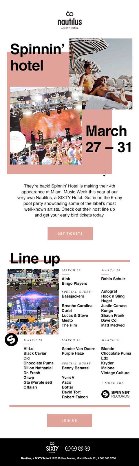 Nautilus Miami hotel Spinnin Hotel event marketing email produced by The Charles Group for Miami Music Week promotion
