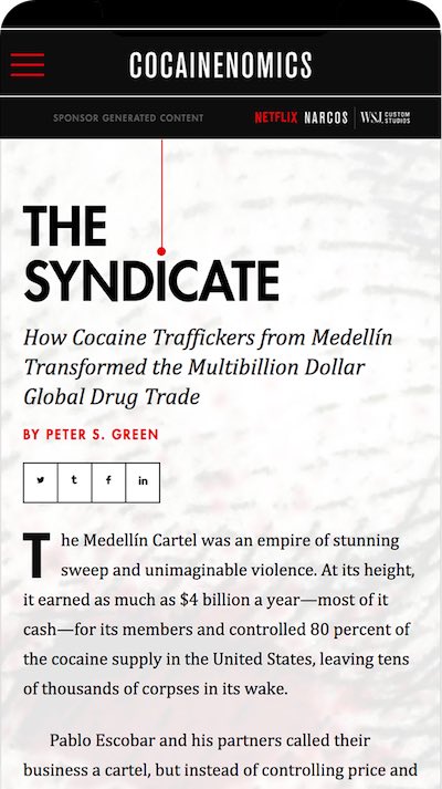 Netflix Cocainenomics mobile article view from the WSJ branded editorial experience designed by The Charles Group, featuring The Syndicate long-form journalism