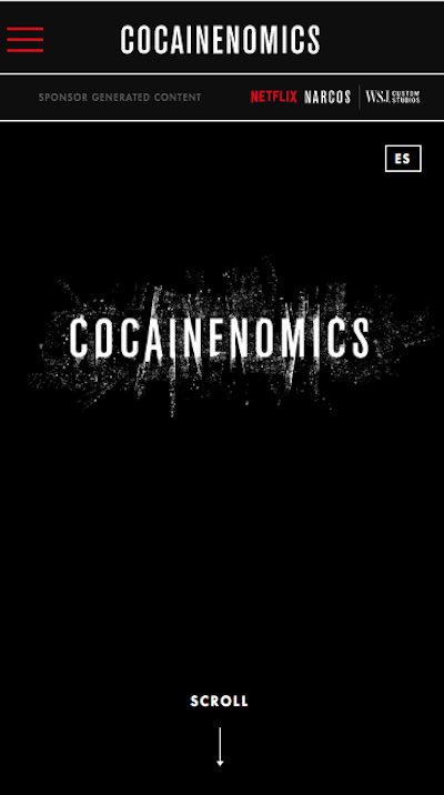 Netflix Cocainenomics mobile hero screen from the WSJ branded editorial experience designed by The Charles Group, showing the WebGL title treatment