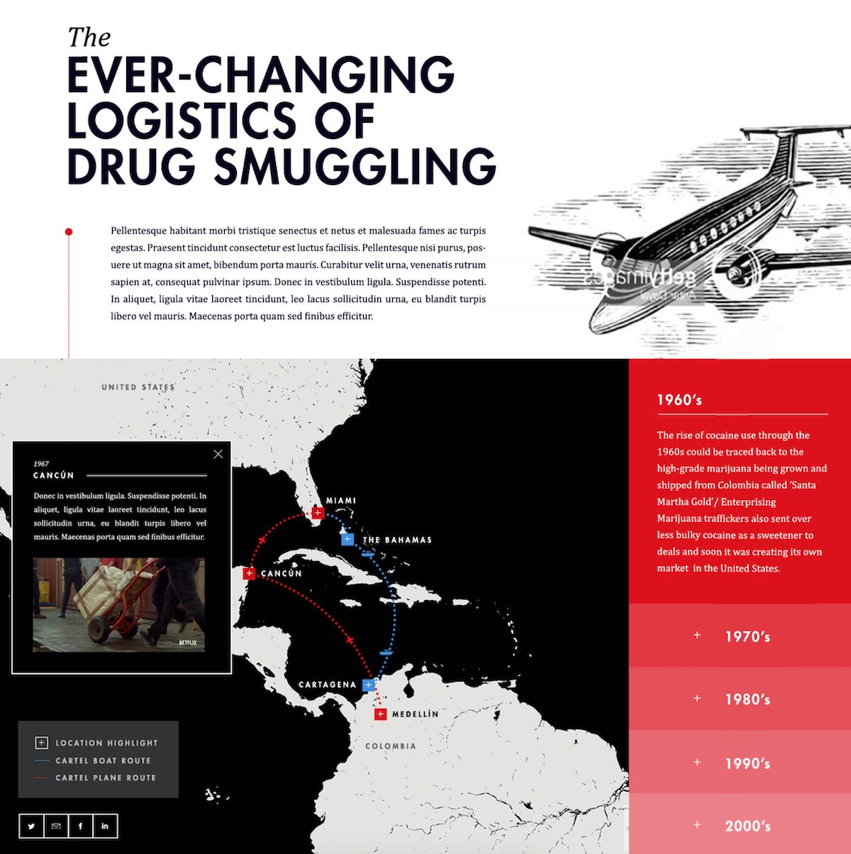 Netflix Cocainenomics interactive map of Medellín cartel smuggling routes built by The Charles Group for the WSJ branded editorial experience, with decade-by-decade timeline accordion