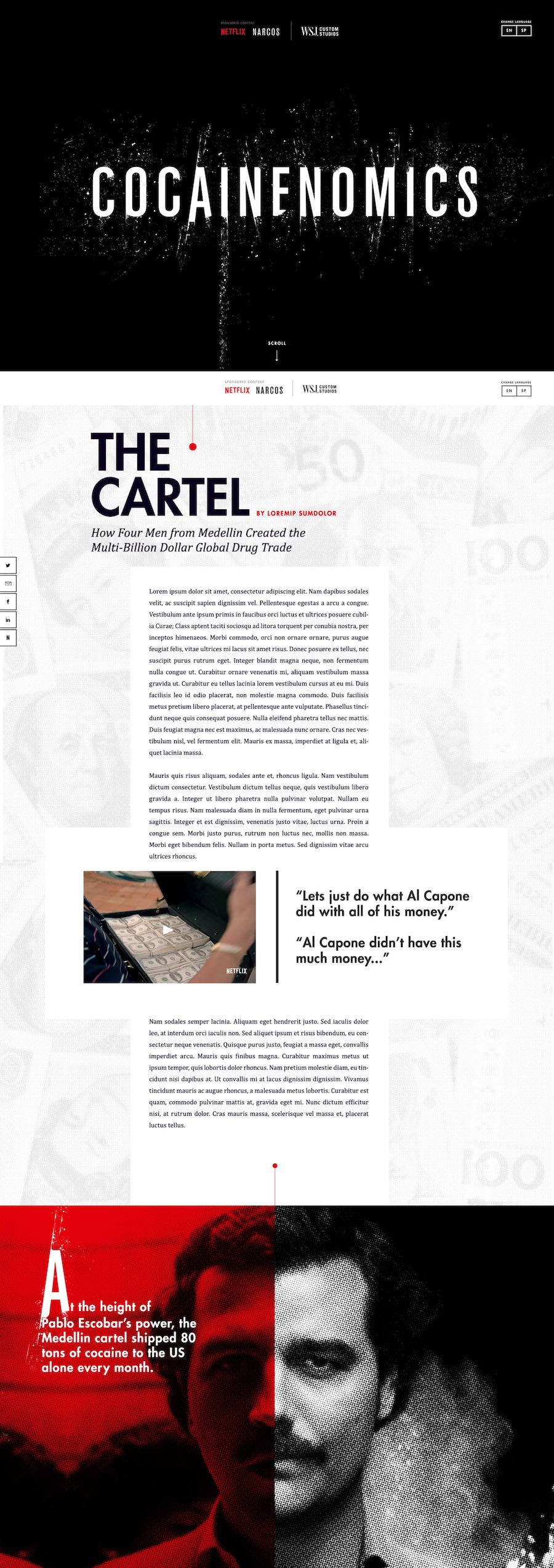 Netflix Cocainenomics WSJ Custom Studios branded editorial website desktop view, designed by The Charles Group — D&AD, Webby, and Cannes Lion award-winning digital experience