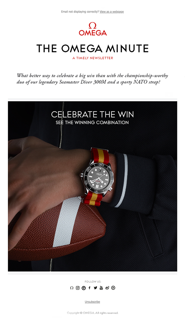 Second Omega email marketing layout on a mobile phone mockup, designed by The Charles Group