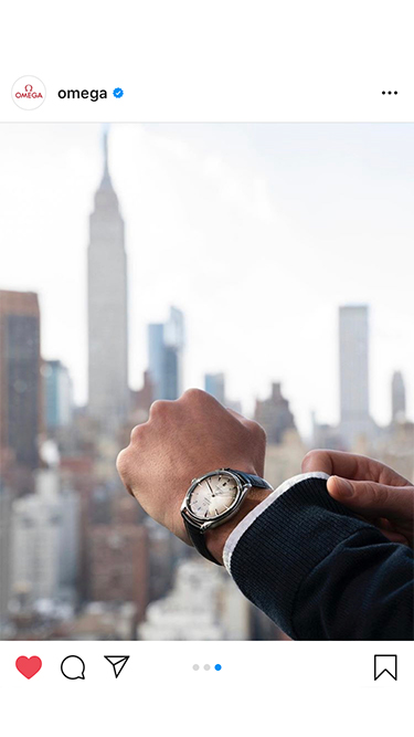 Omega holiday social media post with watch and campaign copy, social content by The Charles Group