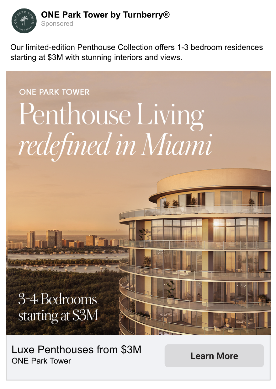 Paid media digital ad creative targeting luxury buyers for One Park Tower Miami residences
