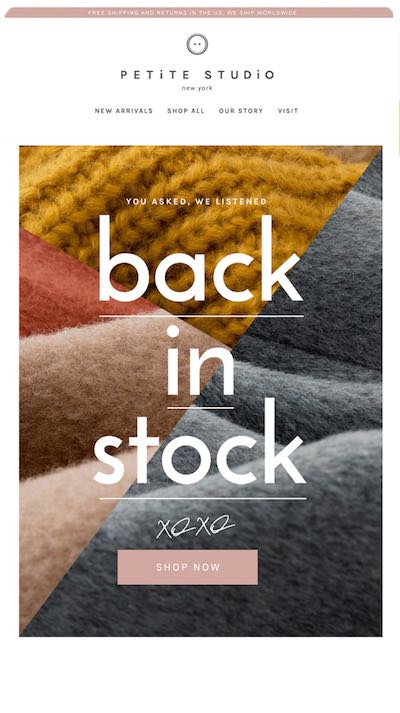 Petite Studio back-in-stock product email mobile design by The Charles Group, featuring bold knitwear photography and Shop Now CTA