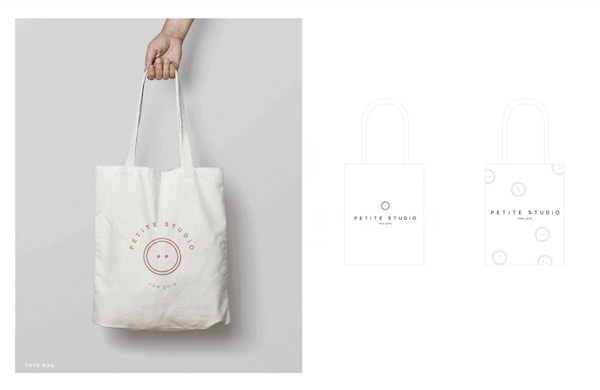 Petite Studio branded canvas tote bag with logo, designed by The Charles Group as part of the womenswear brand identity system