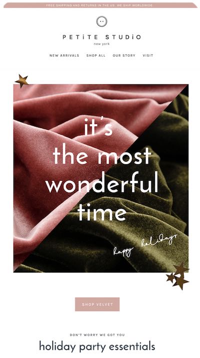 Petite Studio holiday marketing email mobile design by The Charles Group, featuring velvet fabric campaign with Shop Velvet and holiday party essentials CTA