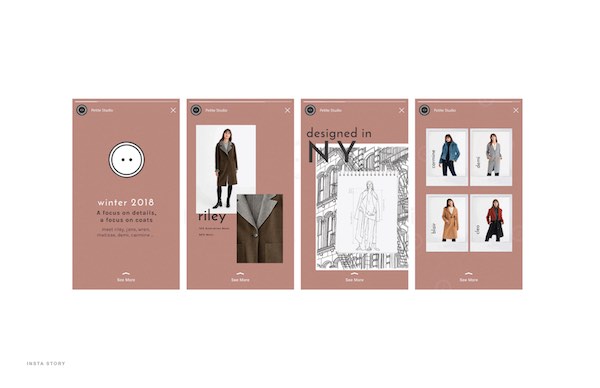 Petite Studio Instagram Story templates designed by The Charles Group for the womenswear DTC brand's Winter 2018 collection social campaign