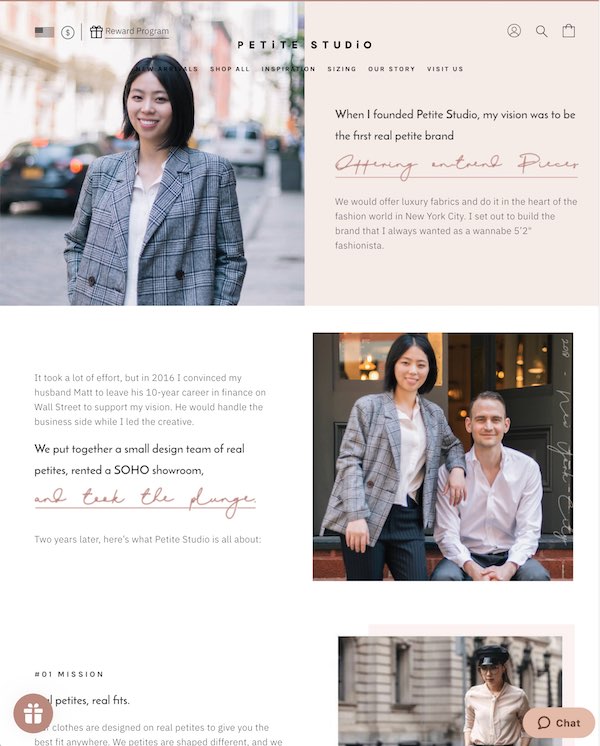 Petite Studio NYC Our Story founder page designed by The Charles Group, featuring the brand's origin story and founders in SoHo New York
